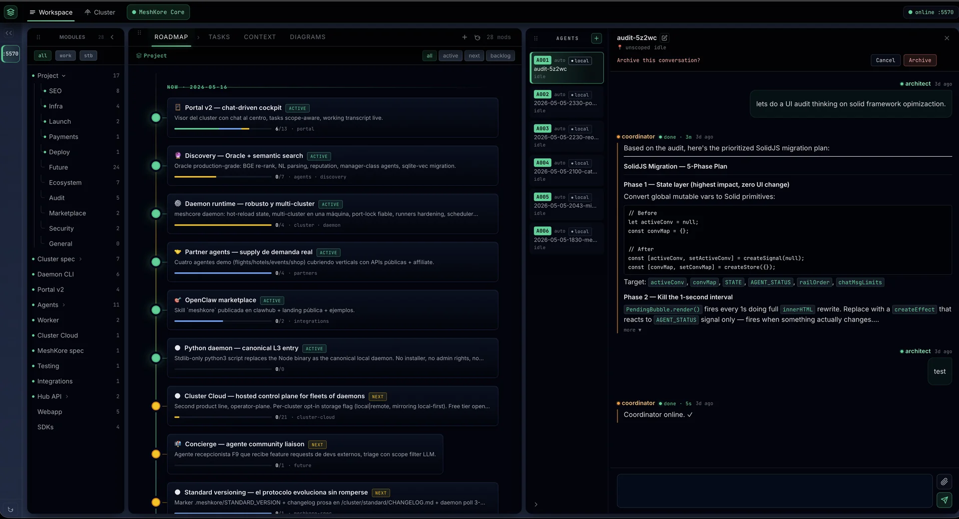 The Architect cockpit showing agents, roadmap and chats across a cluster